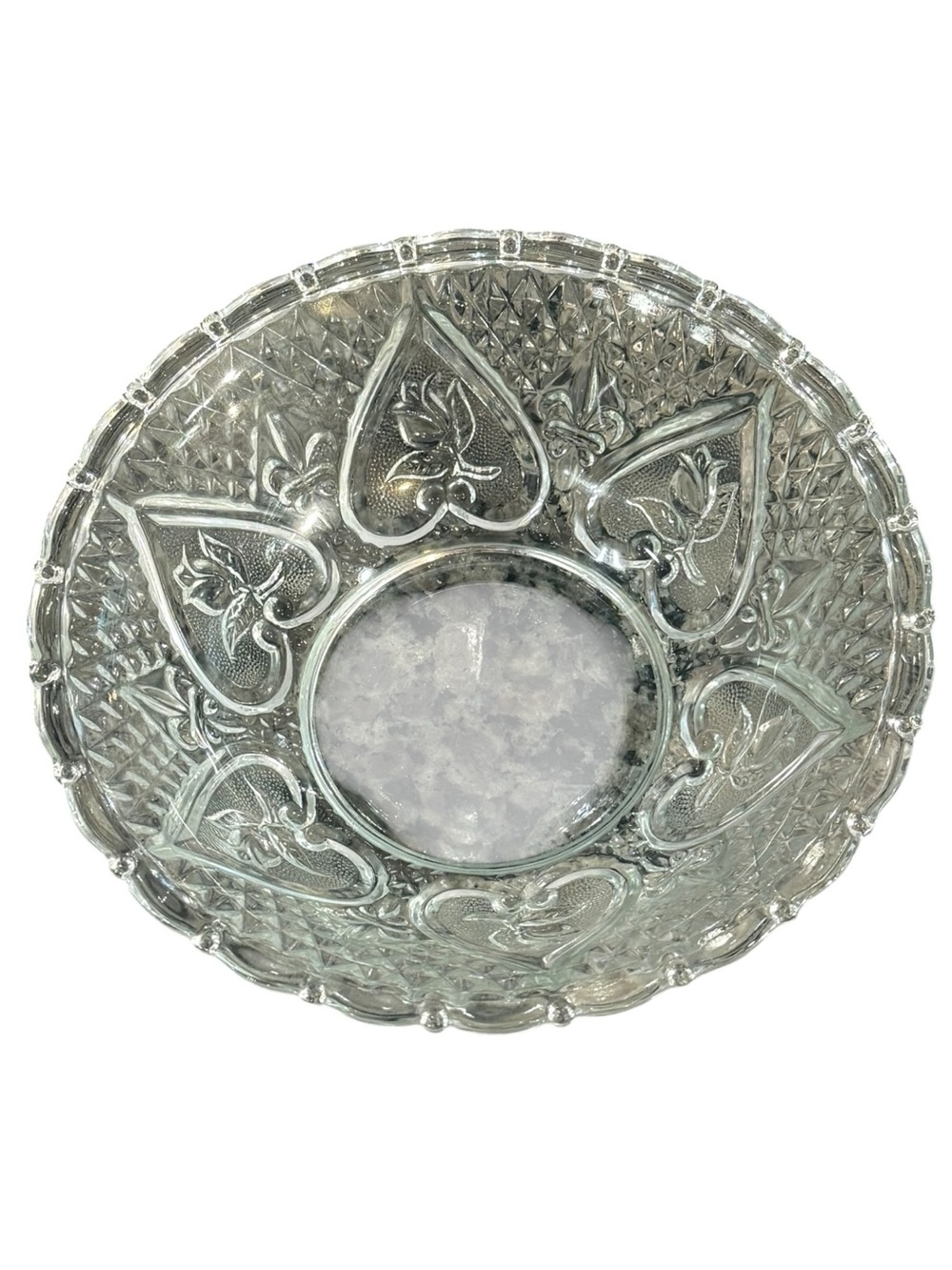 KIM Indonesia Vintage Glass Candy Dish Serving Bowl Hearts Roses Fleur-de-lis.